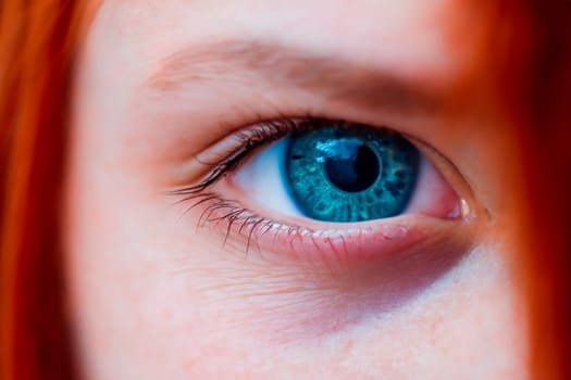 A red-haired girl with red hair and deep blue eyes stares intently at the camera. Extreme close cropped portrait.