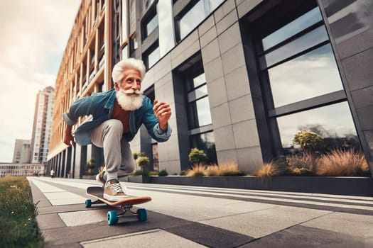 old man skateboarding fast in city streets, extreme sports funny concept.