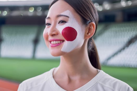 Smiling Asian fan in stadium with Japanese flag painted on her face.
