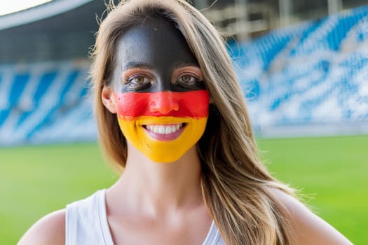 Smiling German athlete or fan at the stadium. The face is painted in the colors of the German flag.