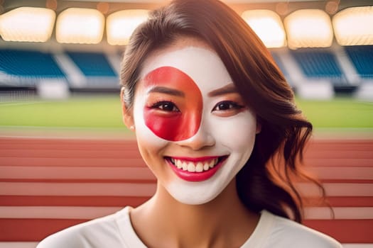 A happy woman at the stadium cheers for the Japanese national team with a smile. Her face is painted in the form of a Japanese flag.