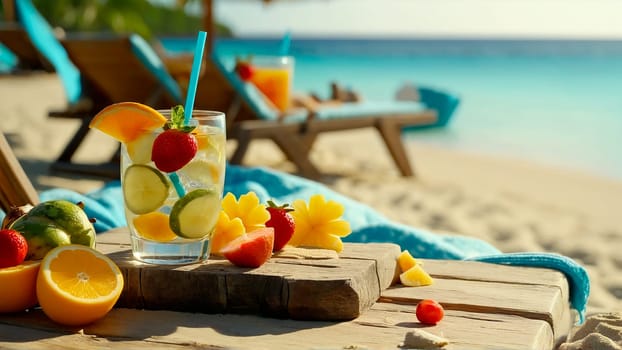 glass of refreshing drink with slices of fruit and decoration on a wooden beach table close-up, next to a sun lounger on a sandy beach, beautiful tropical beach in the background, sea, warm sunny day on a trip.