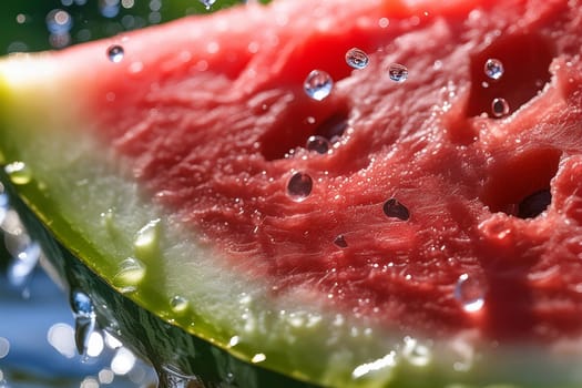 Close-up shot of a refreshing watermelon slice being bitten into, with water droplets glistening on the fruit.