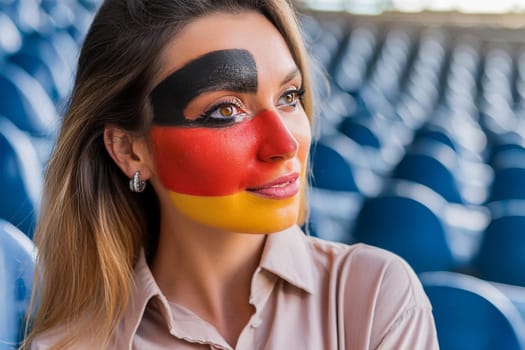 A fan of the German national team at the stadium. A German flag is painted on her face.