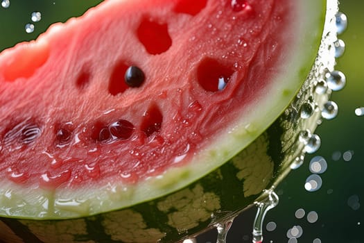 Close-up shot of a refreshing watermelon slice being bitten into, with water droplets glistening on the fruit.