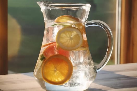 Close-up of a refreshing fruit-infused water pitcher with ice cubes and slices of citrus fruits.