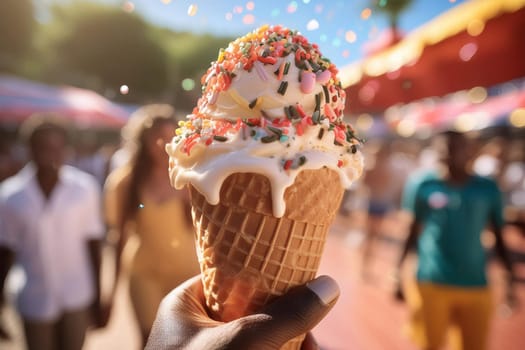 Close-up of a melting ice cream cone with vibrant sprinkles and a blurred background of people enjoying outdoor activities.