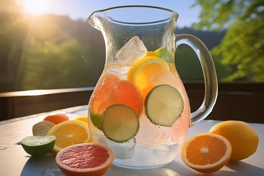 Close-up of a refreshing fruit-infused water pitcher with ice cubes and slices of citrus fruits on a table on a balcony or terrace in the sunlight