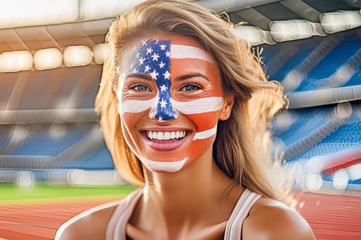 Joyful female athlete in sports stadium with american flag painted on her face.