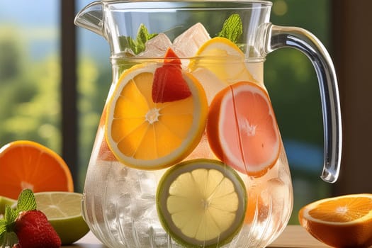 Close-up of a refreshing fruit-infused water pitcher with ice cubes and slices of citrus fruits.