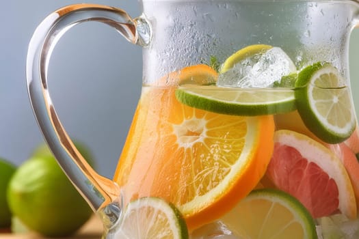 Close-up of a refreshing fruit-infused water pitcher with ice cubes and slices of citrus fruits.