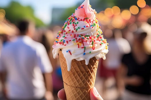 Close-up of a melting ice cream cone with vibrant sprinkles and a blurred background of people enjoying outdoor activities.