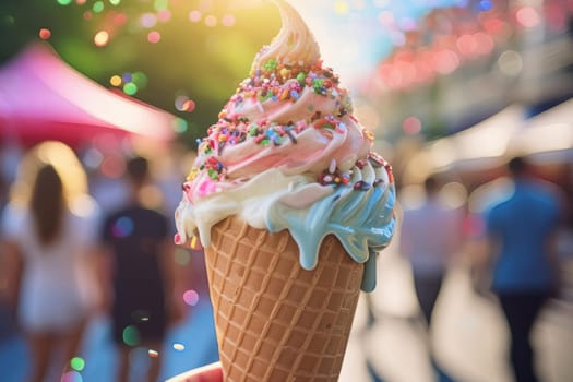 Close-up of a melting ice cream cone with vibrant sprinkles and a blurred background of people enjoying outdoor activities.
