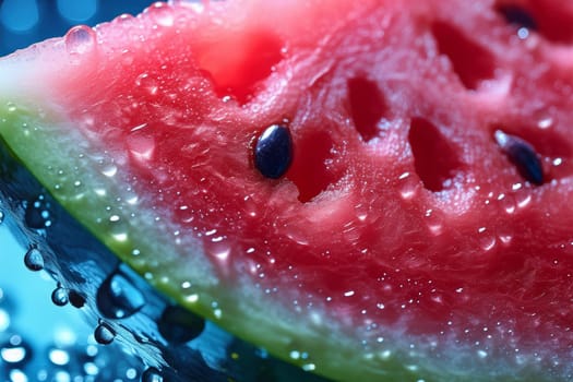 Close-up shot of a refreshing watermelon slice being bitten into, with water droplets glistening on the fruit.