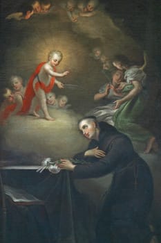 Saint Anthony adores baby Jesus, altar of Saint Anthony of Padua in the church of Saint Catherine of Alexandria in Krapina, Croatia