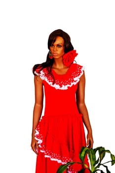 Mannequin wearing a trendy red dress isolated on white. Female garment. Girl's casual outfit with hair bow. Girls attractive stylish look.