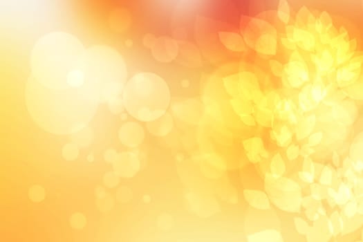 Hello autumn background. Abstract autumn gradient gold yellow orange bright background texture with leaves and bokeh circles. Indian summer. Card design with space text. Beautiful backdrop.