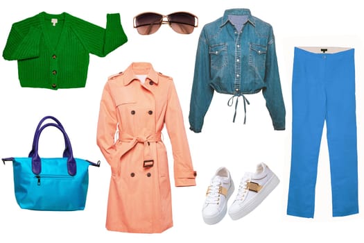 Collage set of woman spring summer clothes isolated. Female girls clothing collection. Women fashion outfit. Jeans, sneaker, jumper, jacket, accessories wear.