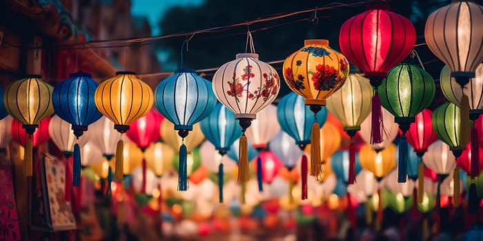 A collection of vibrant lanterns hanging in a row from a line, creating a colorful and festive display.