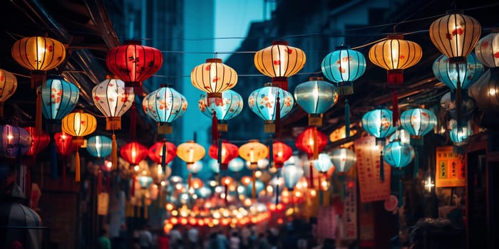 A city street bustling with colorful lanterns hanging above, adding a festive and lively atmosphere to the urban setting.