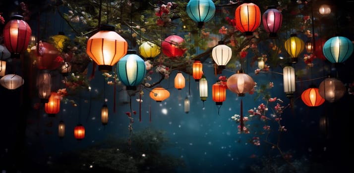 A cluster of lanterns suspended from a tree, creating a festive and decorative display.