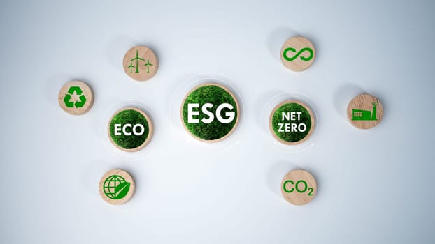 A circular wooden board with the abbreviation ESG and ECO and NET ZERO printed on it. Concepts for sustainable environment. Net zero green house gas emissions target. White background.