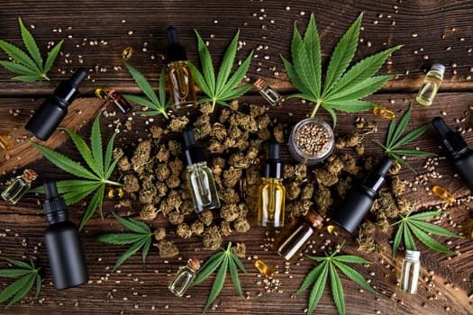 Oil cbd, cannabis and hemp leaves, medical marijuana concept