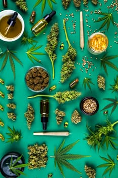 Flat lay, Medical marijuana, cbd,  Cannabis buds, hemp leaves concept