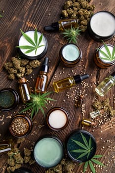 Cbd hemp cosmetics, oil in bottle and marijuana
