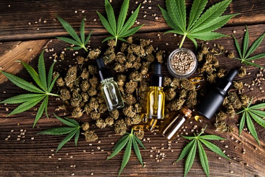 Oil cbd, cannabis and hemp leaves, medical marijuana concept