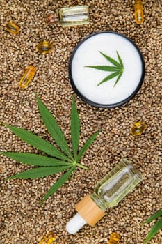 Oil cbd, cannabis and hemp leaves, medical marijuana concept