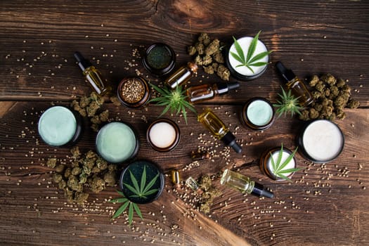 Cbd hemp cosmetics, oil in bottle and marijuana