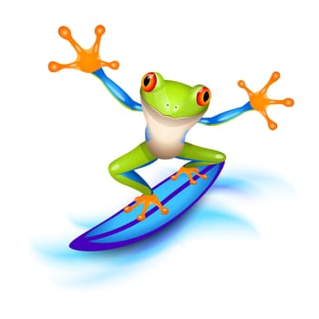 Little tree frog surfer riding wave standing on a blue surf board