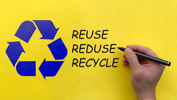 Hand writing reuse, reduce and recycle text on yellow background with recycle symbol. Recycle concept.