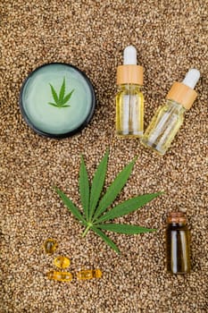 Cbd oil and marijuana plant, hemp seeds, medical marijuana concept