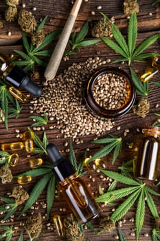 Cbd oil and marijuana plant, hemp seeds, medical marijuana concept