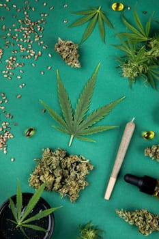 Flat lay, Medical marijuana, cbd,  Cannabis buds, hemp leaves concept