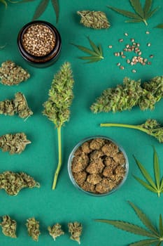 Flat lay, Medical marijuana, cbd,  Cannabis buds, hemp leaves concept