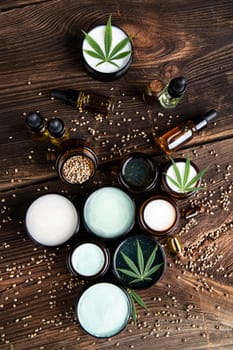 Cbd hemp cosmetics, oil in bottle and marijuana