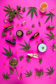 Cannabis leaves with marijuana, cbd, Flat lay composition