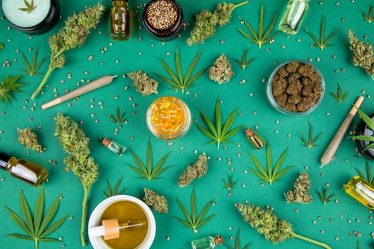 Medical marijuana, cbd,  Cannabis buds, hemp leaves concept