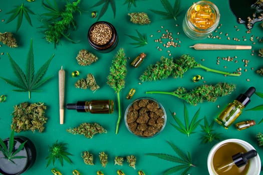 Flat lay, Medical marijuana, cbd,  Cannabis buds, hemp leaves concept