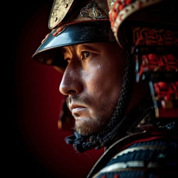 Side profile of a pensive samurai wearing ornate red armor, with a contemplative expression