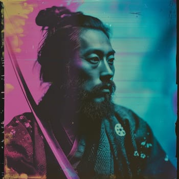 A striking portrait of a Japanese man with neon colors, blending tradition with a modern aesthetic