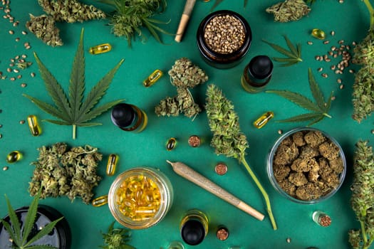 Flat lay, Medical marijuana, cbd,  Cannabis buds, hemp leaves concept