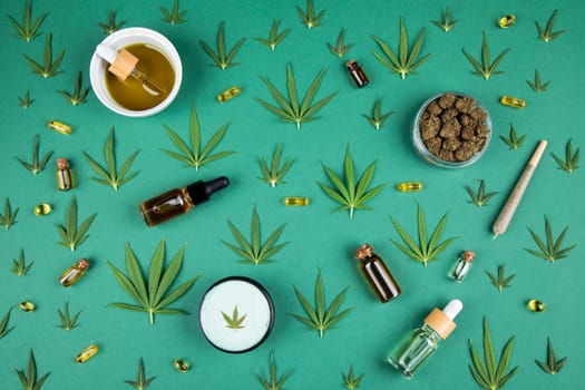 Flat lay, Medical marijuana, cbd,  Cannabis buds, hemp leaves concept