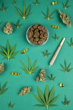 Flat lay, Medical marijuana, cbd,  Cannabis buds, hemp leaves concept