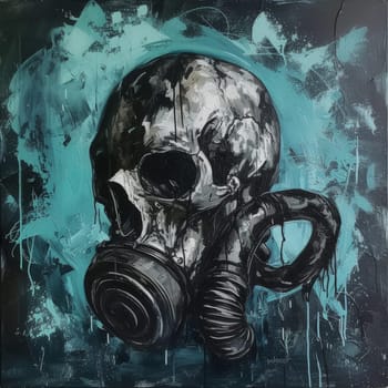 Abstract expressionist painting of a skull wearing a gas mask on a splashy turquoise background