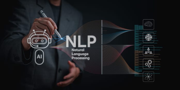 Professional with AI and NLP graphics, highlighting cutting-edge tech in business. showcasing innovation
