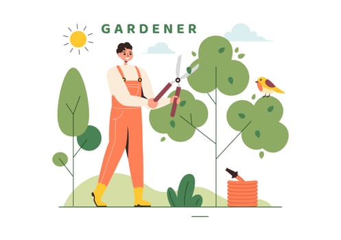 Gardener Vector Illustration with Garden Tools, Farming, and Growing Vegetables in a Botanical Summer Gardening Flat Style Cartoon Background